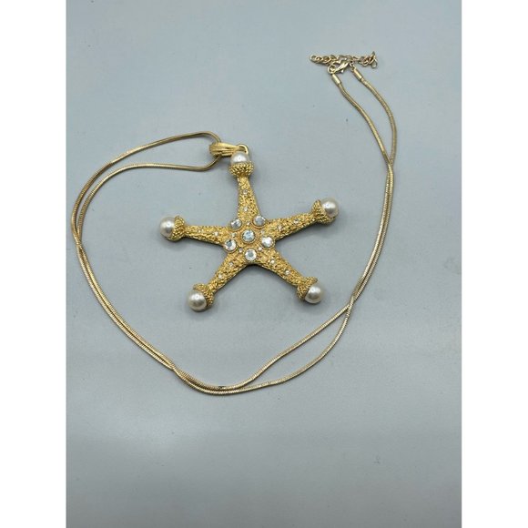 Vintage Signed CRAFT Seastar Necklace Starfish Gold Tone w Pearls & Rhinestones - Picture 13 of 15